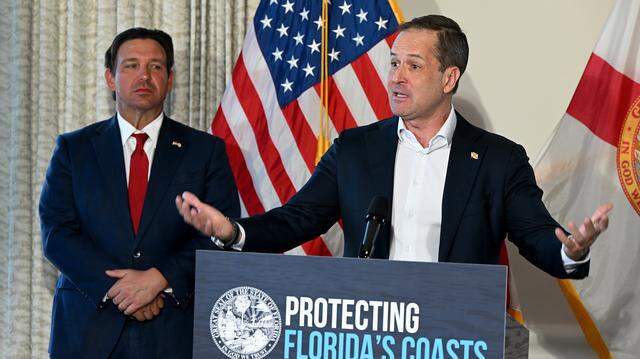 State Rep. Will Robinson, R-Bradenton, speaks from the podium during a Thursday, March 19, 2026 press conference at Pier 22 in Bradenton as Florida Gov. Ron DeSantis announced he would sign a bill aiming to block the development of a Terra Ceia cruise port terminal in Manatee County.
